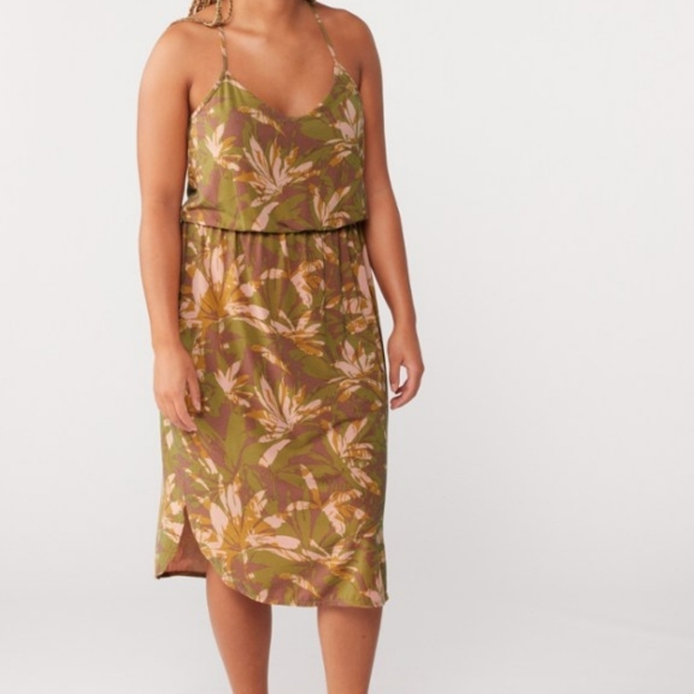 Prana Olive Brown Floral Midi Dress with Pink Accents - Picture 2 of 12